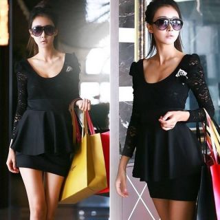 Womens Elegance Long Sleeve Polo Neck Sexy Clubwear Party Lace Mini 