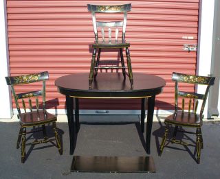 ANTIQUE BLACK & GOLD TABLE W/LEAF & 3 BLACK HANDPAINTED CHAIRS W 
