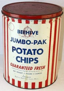   Jumbo Pak Potato Chips 1 LB Tin Can Beehive Bakeries Lynn, MASS