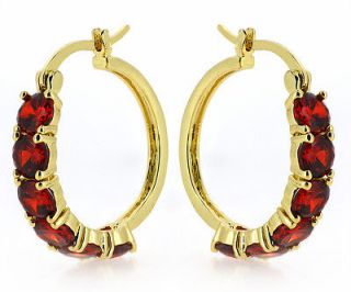 18K Gold Filled Ruby Cubic Zirconia Womens Vintage Hoop Earrings