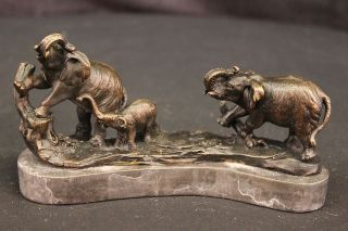   Bronze Metal Statue A Herd of African Elephants Sculpture Marble Base