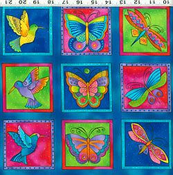   II Laurel Burch Butterfly Dragonfly SQUARES on AQUA Panel Fabric