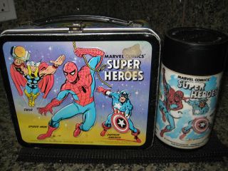 VINTAGE 1976 SUPER HEROS LUNCH BOX WITH THERMOS SPIDER MAN HULK 