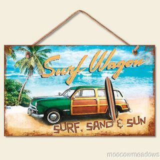Surf Wagon Beach Sign Tropical Plaque Woody & Palm Trees Ocean Coastal 