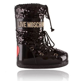 LOVE MOSCHINO WOMAN WINTER BOOTS BLACK WITH SEQUINS & IVORY LOGO NEW 