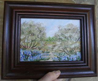 Original 5 x 7 TEXAS BLUEBONNET & MESQUITE TREE Landscape Oil Painting 