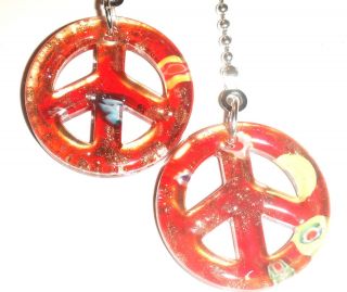 PAIR LIGHT LAMP CEILING FAN PULL PEACE SIGN GLASS RED GOLDSAND 40MM