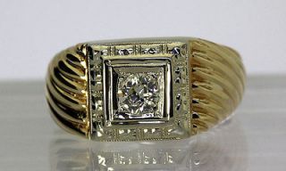 MENS DASHING ESTATE .30CT OLD EUROPEAN CUT DIAMOND 14K Y/ GOLD STRIPE 