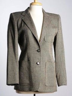 VTG 80s Ralph Lauren Tweed Herringbone Blazer Jacket Black White Silk 