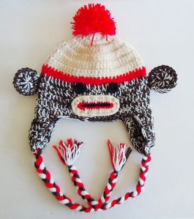 Crocheted Custom Sock Monkey Hat Baby Boy Girl Ear Flap Hat Photo Prop 