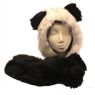 LUXURIOUS FAUX FUR PANDA HAT WITH SCARF POCKET PAWS ONE SIZE WARM 
