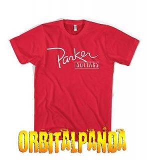 Red T Shirt with White PARKER GUITAR logo   Nite Fly Dragonfly P36
