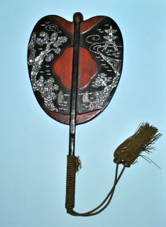   JAPANESE FACE SCREEN FAN HAND PIEN MIEN LACQUER MOTHER OF PEARL MOP