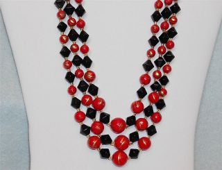 sale vintage multi strand black red yellow bead necklace signed