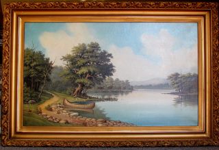 Vintage Large Circa 1890 Painting Canoe on River Landscape American 
