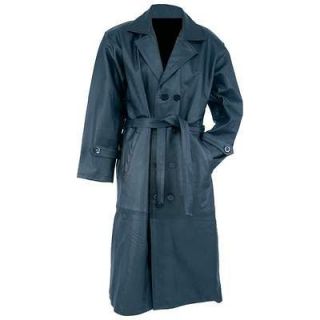 Black Solid Leather Trench Coat Full Length Duster Mens NEW