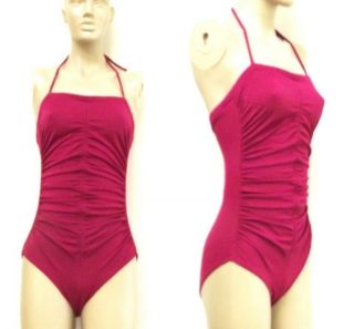 80s Vtg 70s Ruched Fuchsia Dark Pink Mailot Swimsuit sz 14 L Bathing 