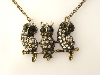 vintage 3brass rhinestone night owl elf pendant necklace from china
