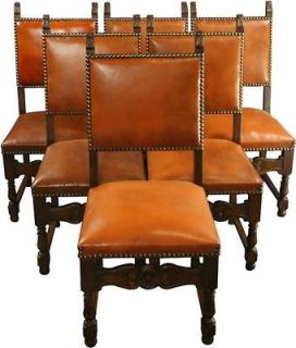SPANISH MISSION STYLE OAK DINING CHAIRS, LEATHER, CARVED, 1930 SPAIN 