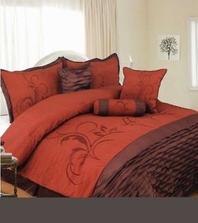   Chocolate/Rust Embroidered Faux Silk Dupioni Comforter Set Queen King