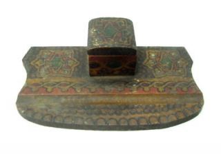 bulgaria folk art pyrography wood ink well pen holder from