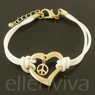 Unique Peace in Heart White Rubber Cord Bracelet White and Gold Tone 