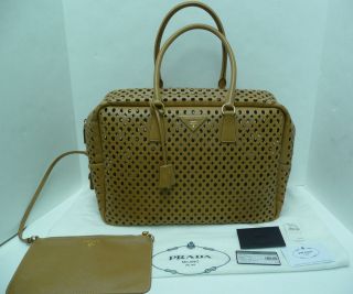 AUTHENTIC Prada Saffiano Fori Caramel Leather Handbag Tote Purse w 