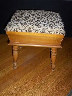 ANITQUE SEWING BOX FOOT STOOL WITH TAPESTRY CUSHIONED TOP, MAPLE WOOD