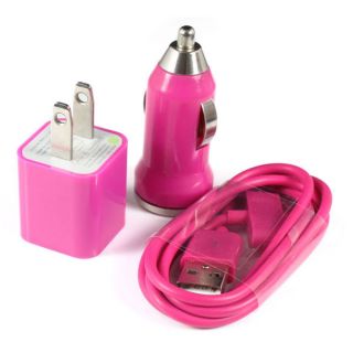 Hot Pink Car Charger+USB Data Cable +US Charger For iPod iPhone 4 4G 