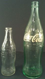 VINTAGE COCA COLA BOTTLES ONE 1 PINT 10 OZ GREEN AND ONE 10 OZ CLEAR