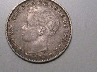Rare 1895 Silver 20 centavos coin. PUERTO RICO. Better grade