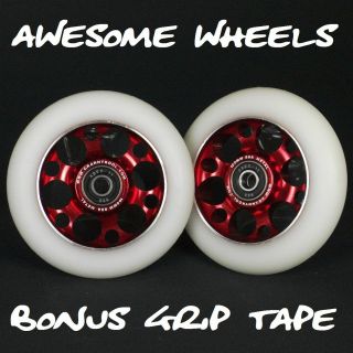 Red White Drilled Metal Core Scooter Wheels x2 incl ABEC 11 + Grip 