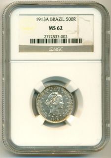brazil silver 1913 a 500 reis ms62 ngc color toned