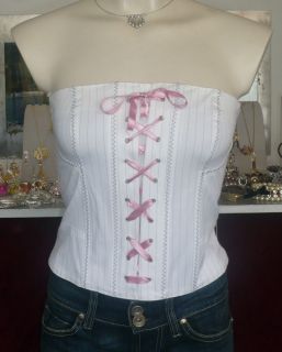tricot chic white pin striped corset pink ribbon s or m