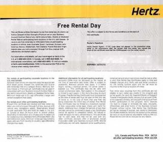 Hertz Premium Class 1 week FREE Day Car Rental Certificate Voucher 