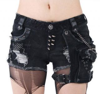 Fashion goth Visual punk rave sexy ripped short Jeans pants free 