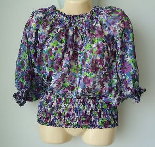   Basic Womens Size M Medium Sheer Silk Floral Smocked Blouse Top Shirt