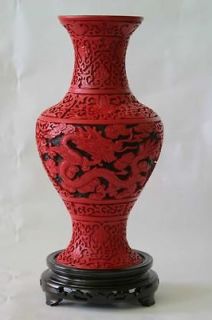 big handmade carved dragon red cinnabar lacquer vase 13 h