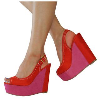 Red & Fuchsia Color Blocked Suede Sling Back Open Toe Platform Wedge 