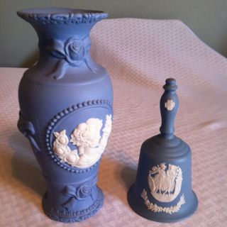 jasperware blue white vase cameo like and bell time left