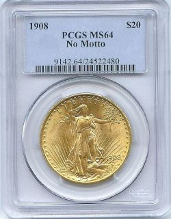 1908 No Motto $20 Saint Gaudens Double Eagle Gold NGC MS66 *