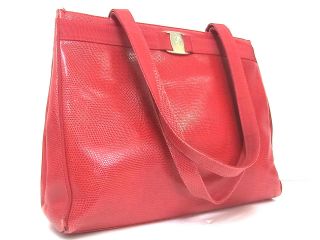 Authentic SALVATORE FERRAGAMO Large Tote Handbag Red Leather Made in 