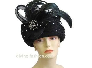Womens Church/Dress Hat, Wool/Feathers/Rhinestone, Black W4912A
