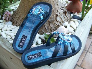 Grandco Navy Denim 3 Strap Slide Sandal with Blue Glitter Granite 
