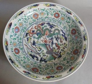 Large 18 Antique Chinese Charger Plate w/ Dragons & Phoenix Signed