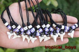 10 Shark Tooth Sharks Teeth with Purple Wood Bone Beads Necklaces 