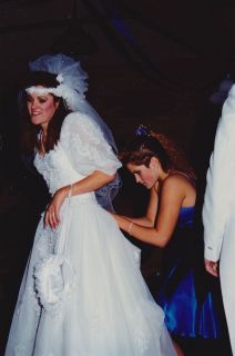 VINTAGE 80s PHOTO Wedding Bridesmaid Fixing BRIDE Dress Train
