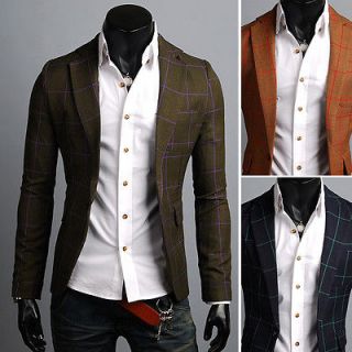 KOREAN Mens Slim Fit Premium Check Pattern Jacket One Button Blazer 