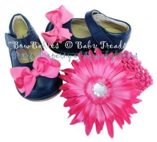 Squeaky Shoes Navy Blue Leather MJ Add A Bow Hot Pink Bows Plus 4 