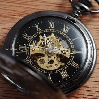 Steampunk Black Skeleton Mechanical Pendant Pocket Watch w/ Chain Fob 